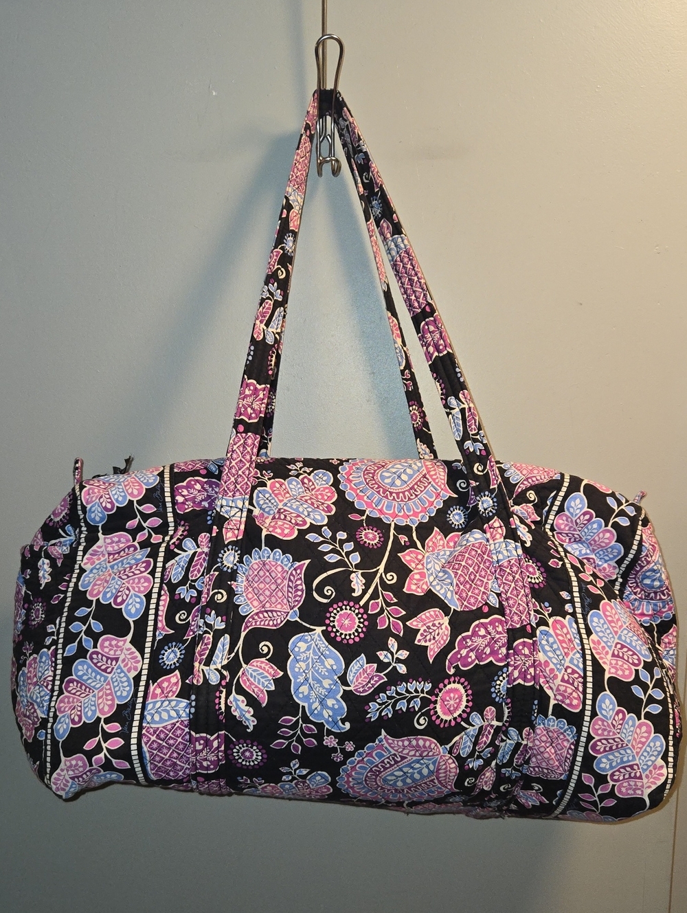 Vera Bradley Black Quilted Floral Travel Duffel with Pink and Blue Accents